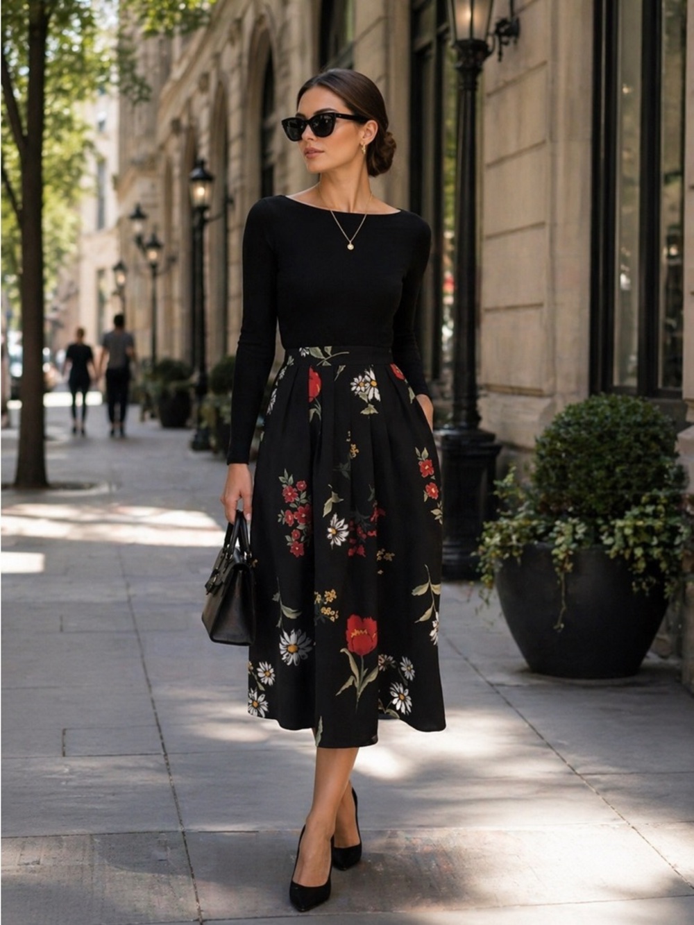 ALFRED DUNNER PETITE Women’s Black Floral Pleated Full Skirt 12